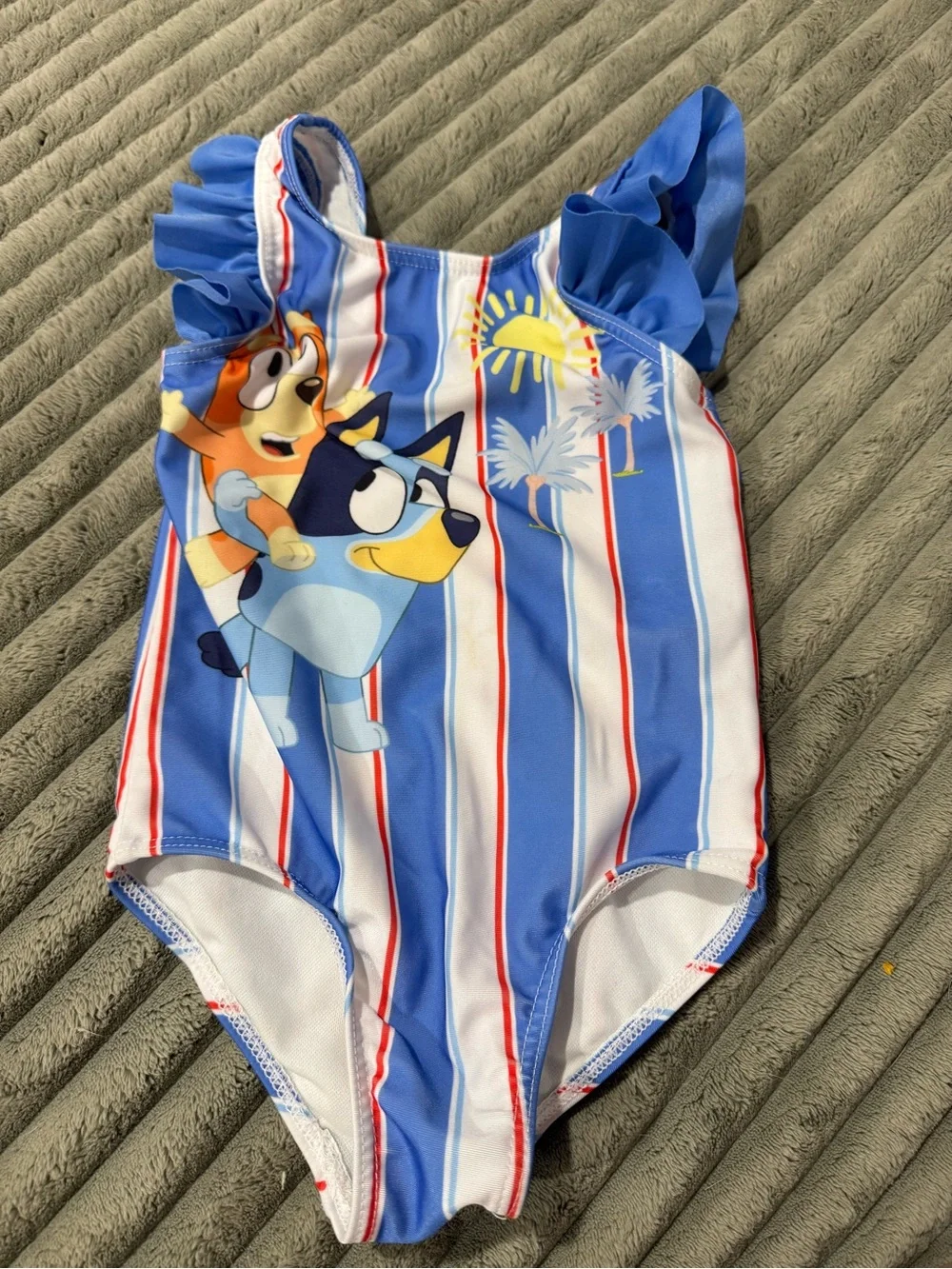 Girls Blue Striped One-Piece Swimsuit with Cartoon Friends